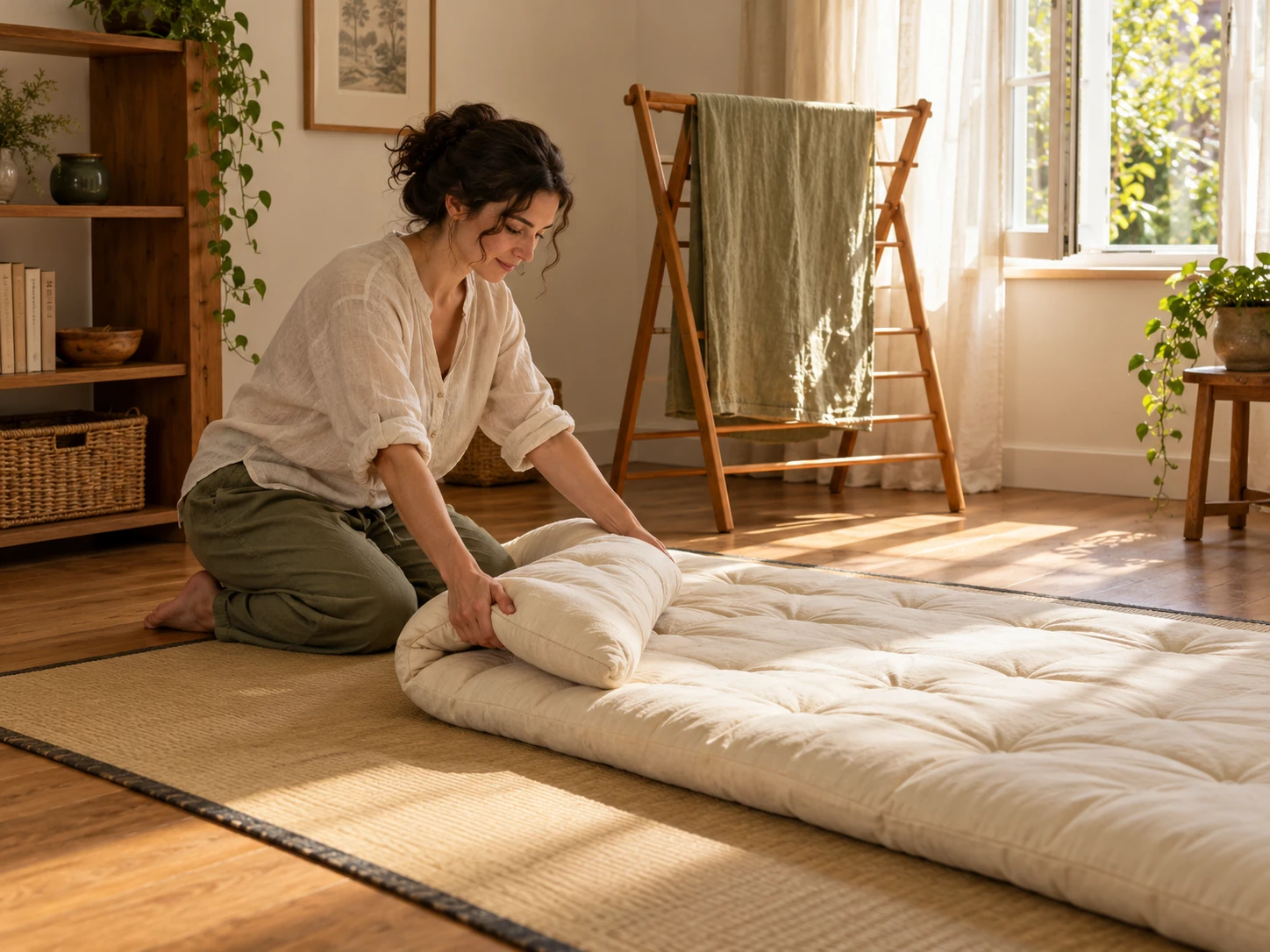 AI-generated reference of a fictional woman loosely folding a generic cream floor futon beside an airing rack; not a FULI product