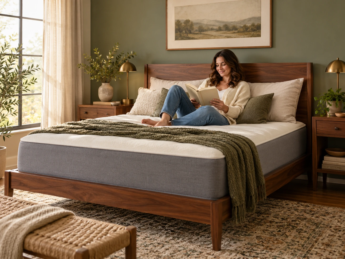 AI-generated scene of a fictional woman reading on a generic foam mattress; not a Novilla product or a hands-on test