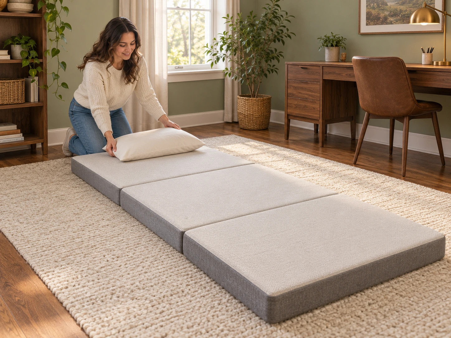 AI-generated scene of a fictional woman setting up a generic three-panel floor mattress; not the Milliard 6-inch model