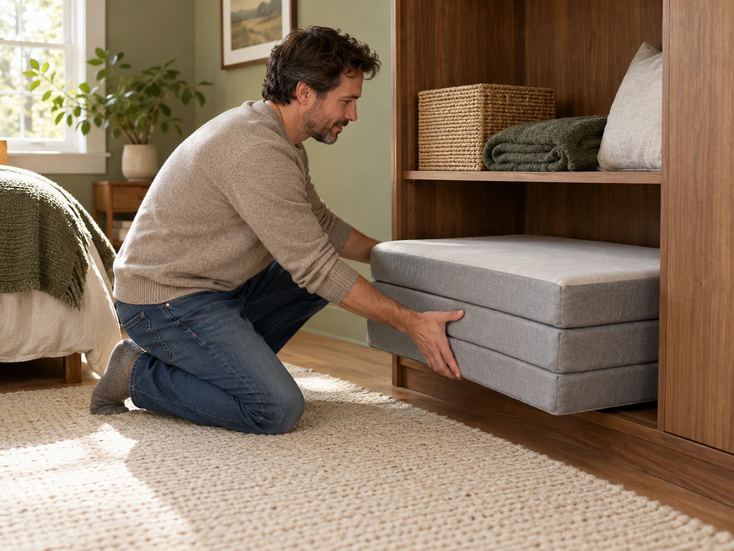 AI-generated scene of a fictional man storing a generic three-panel mattress stack; not the Milliard 4-inch model