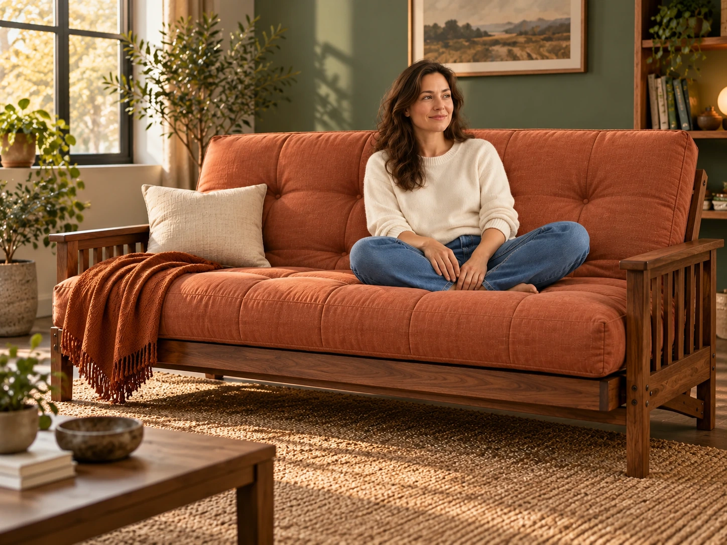 AI-generated scene of a fictional woman sitting on a generic terracotta futon and walnut frame in a warm living room; not the Kodiak 7000 or a listed product