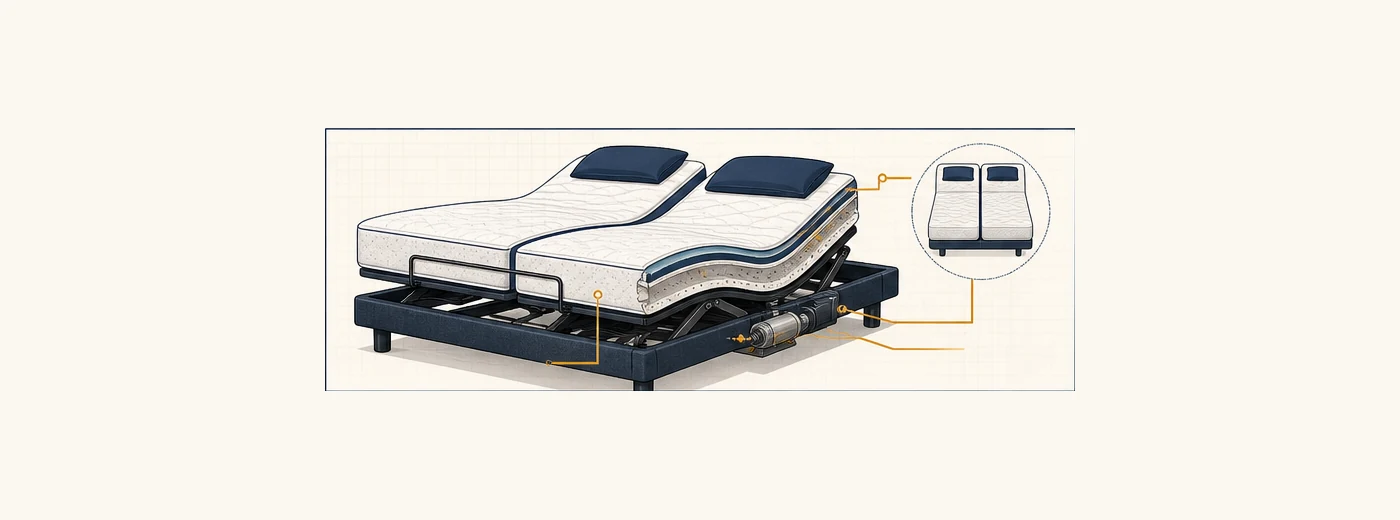 Cutaway diagram of a flexible mattress on an articulated adjustable base with motor, retainer bar, and split-bed inset