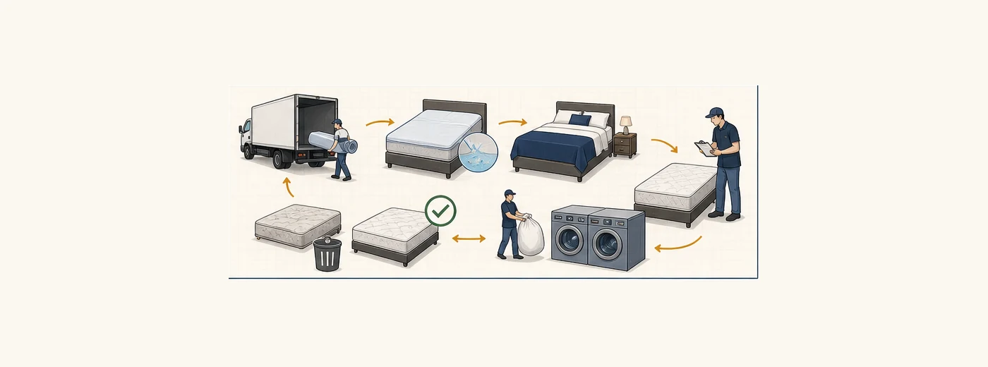 Operations-cycle diagram showing mattress delivery, protection, made bed, inspection, laundering, and replacement decision