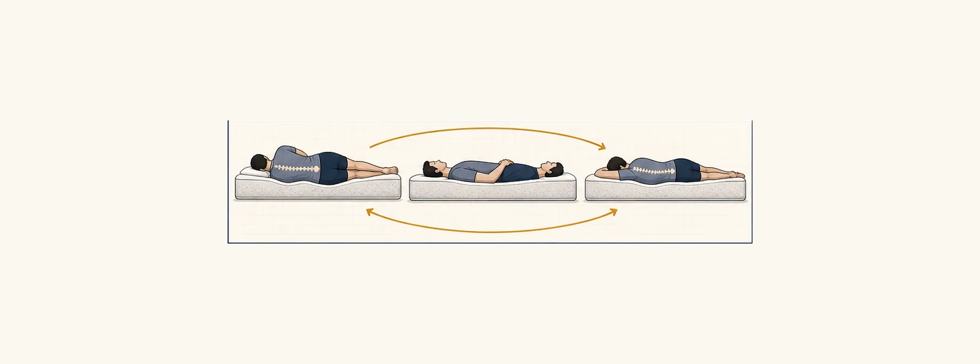 Position map showing a sleeper moving between side, back, and opposite-side positions on a mattress