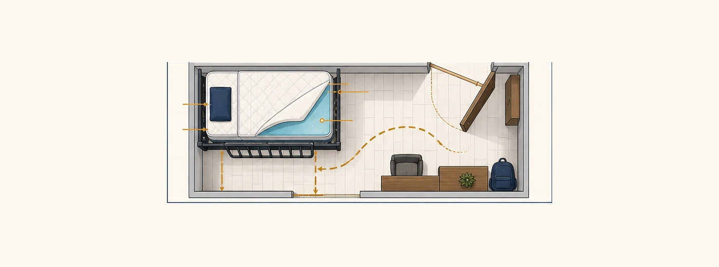 Top-down dorm-room plan showing a Twin XL bed, bedding layers, guardrail clearance, doorway, and moving route