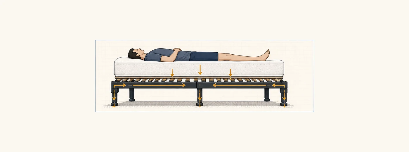 Technical load-path diagram showing a sleeper and mattress supported by slats, center beam, center legs, and floor contacts