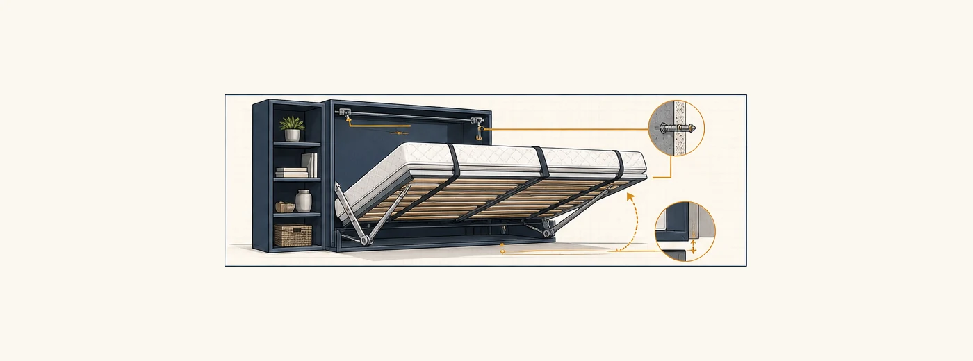 Cutaway diagram of a Murphy wall bed showing mattress retention, pivot mechanism, wall anchoring, and closing clearance