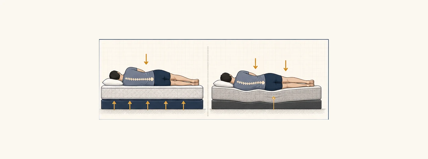 Split diagram comparing a flat supportive mattress with a visibly sagging mattress under a side sleeper