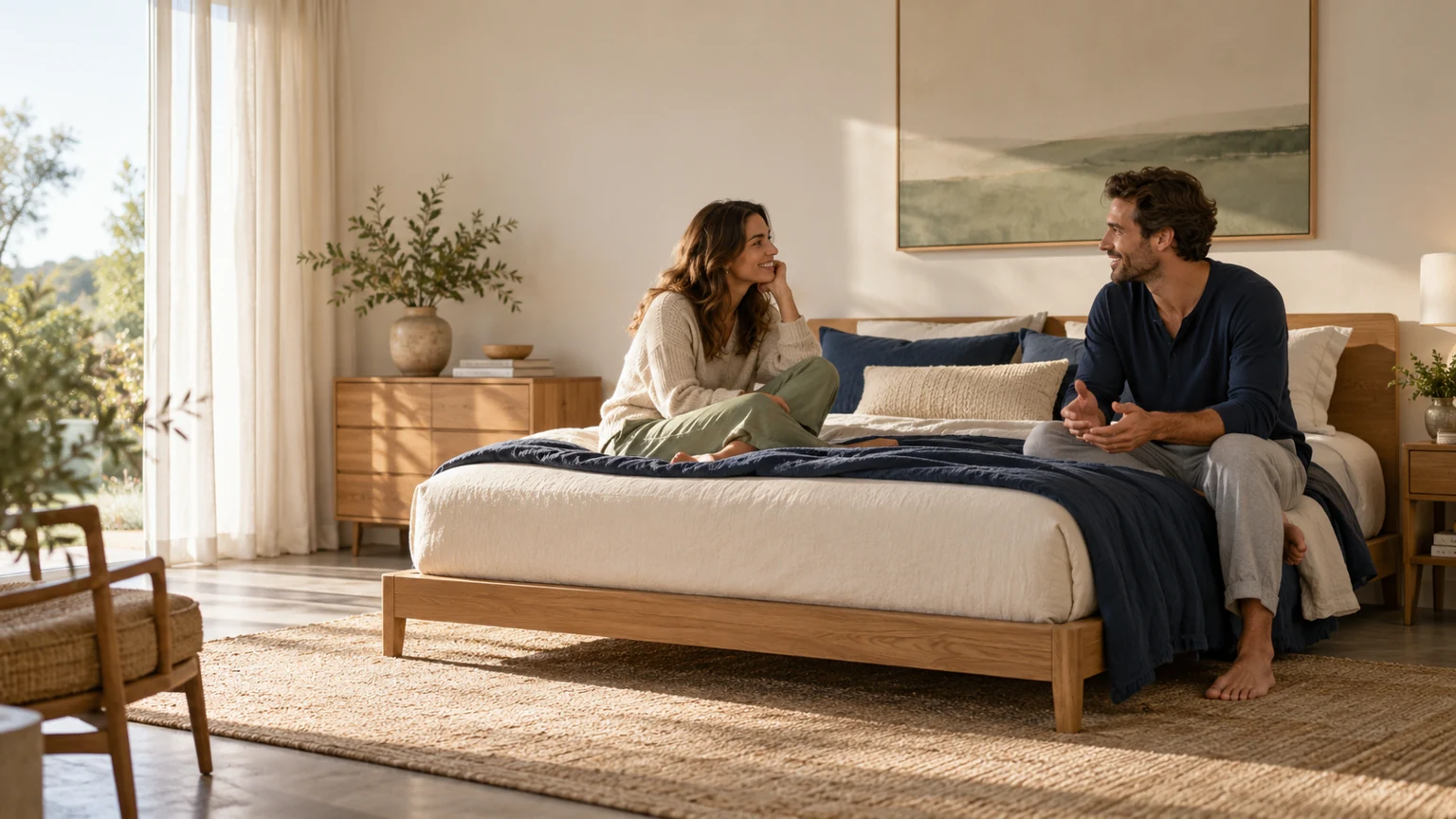 Original AI reference of a fictional couple discussing a bed choice in a sunlit oak-and-cream bedroom