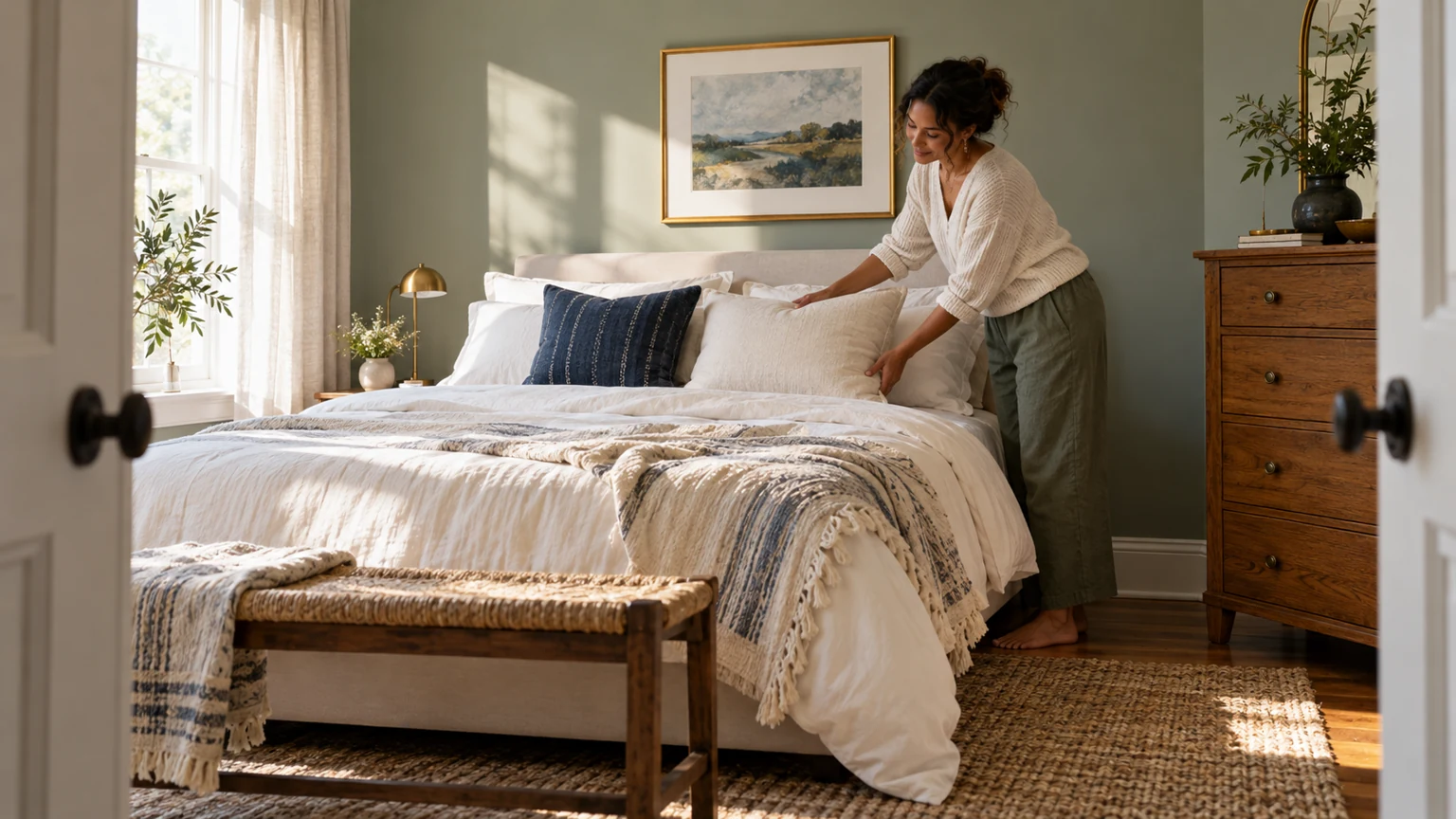 Original AI reference of a fictional woman arranging pillows on a generic bed viewed through a bedroom doorway
