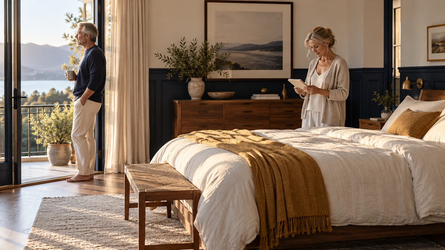 Original AI reference of a fictional older couple beside a generic bed and balcony in a navy and cream bedroom