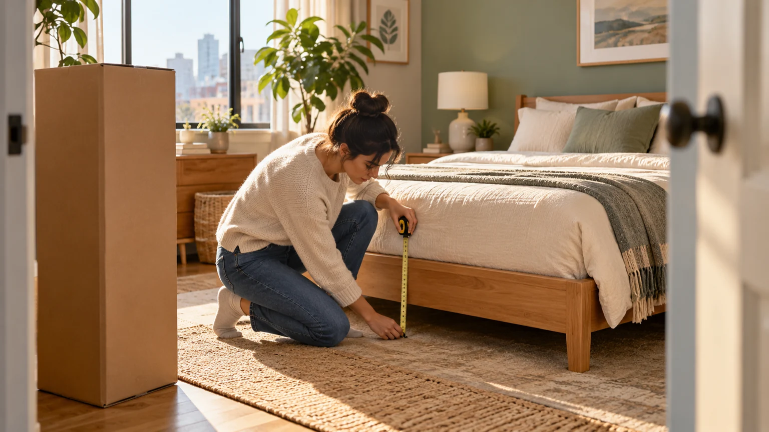 Original AI reference of a fictional adult measuring a generic bed setup beside an unbranded delivery box