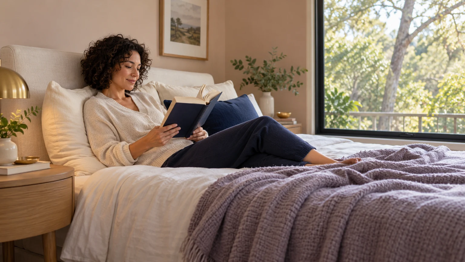 Original AI reference of a fictional woman reading against pillows on a generic bed beside a bright window