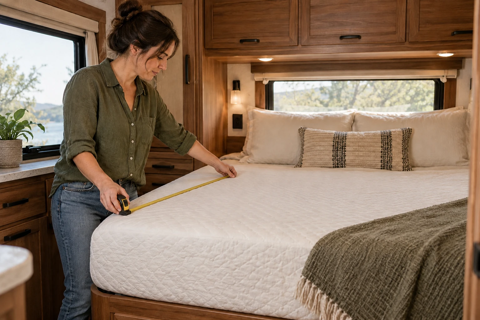 AI-generated fictional adult measuring a generic mattress in an RV bedroom