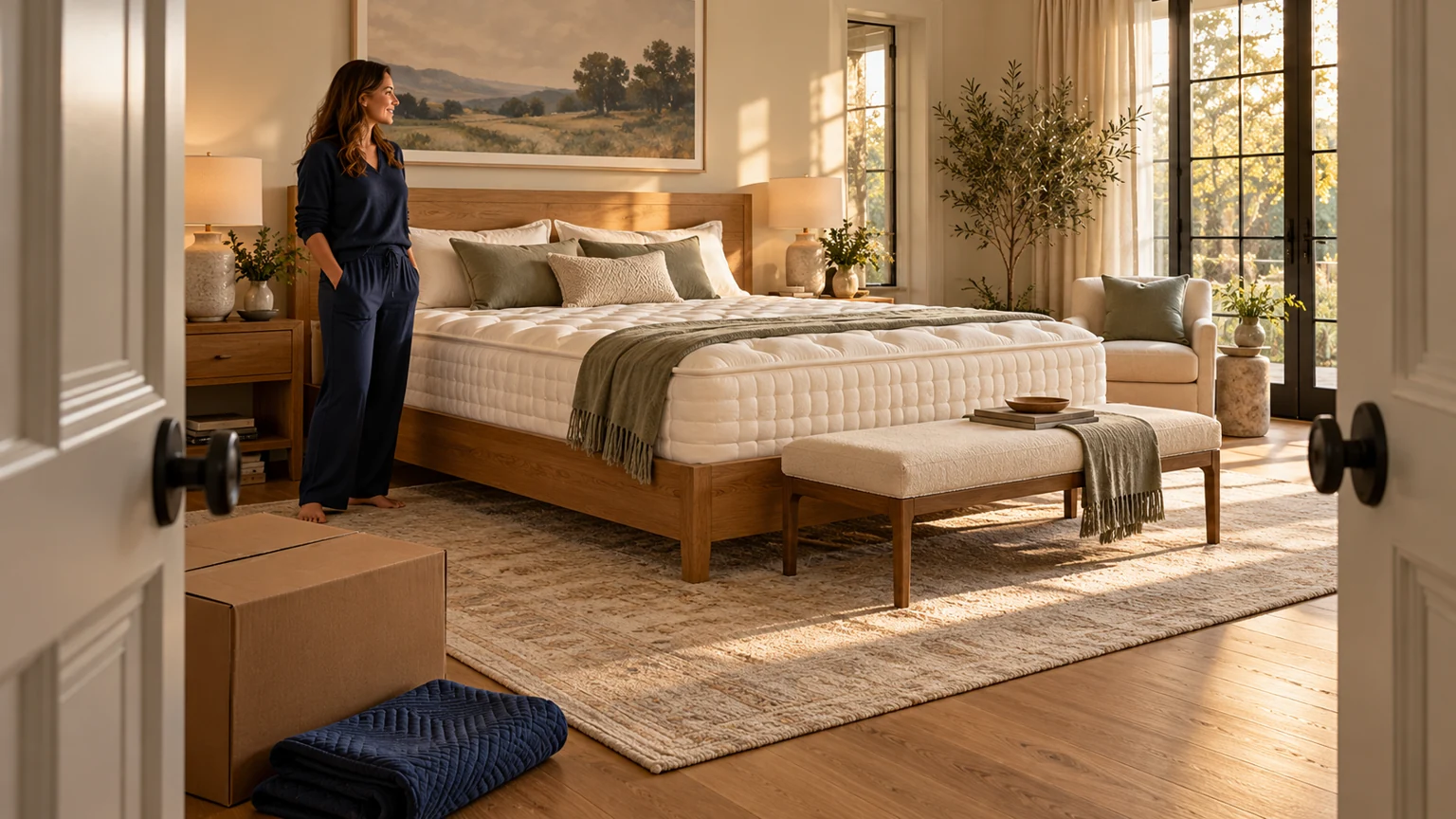 Original AI reference of a fictional adult beside a quilted generic bed with a plain carton near the doorway