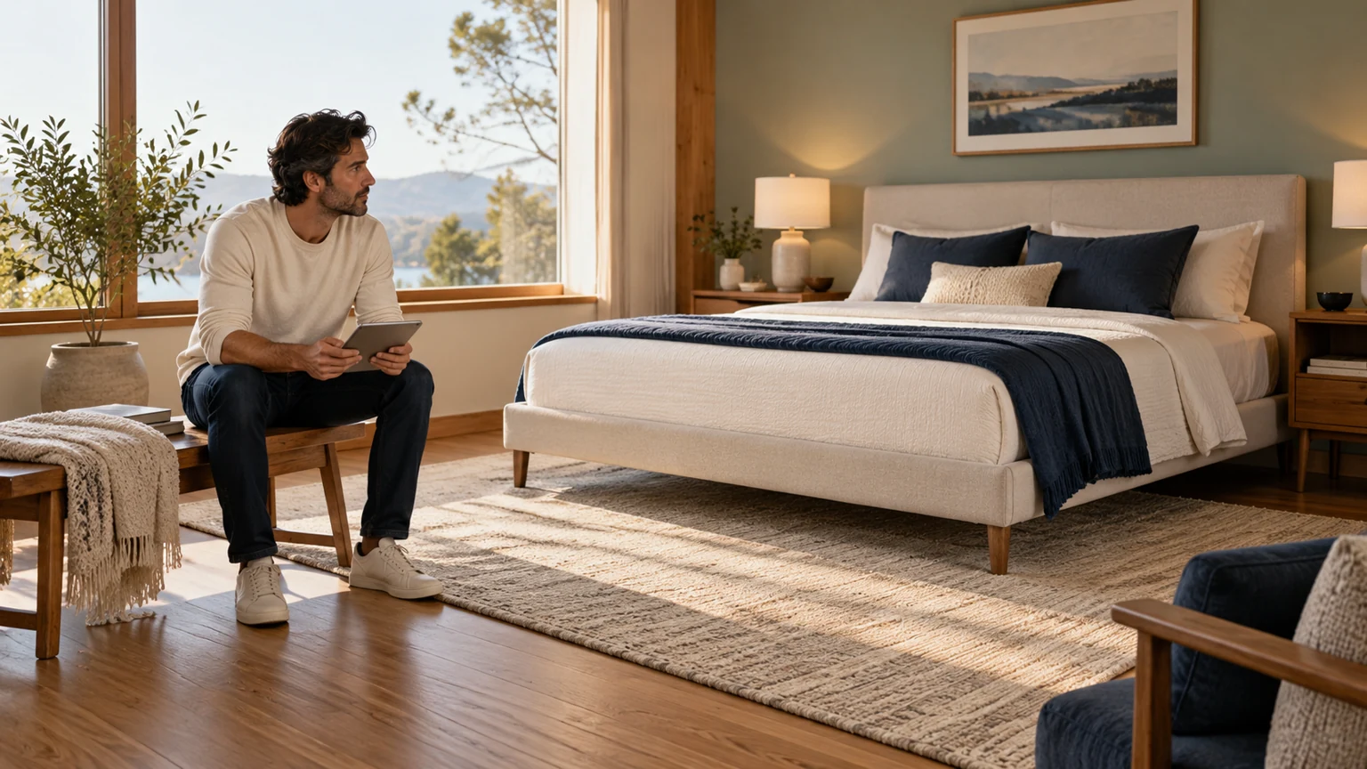 Original AI lifestyle reference of a fictional adult considering the layout around an unbranded bed