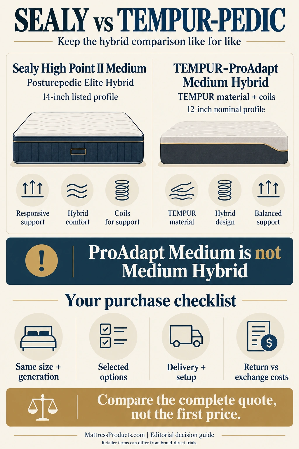 Like-for-like hybrid map: High Point II Medium 14-inch retail profile and ProAdapt Medium Hybrid 12-inch nominal profile, with complete purchase quote checks