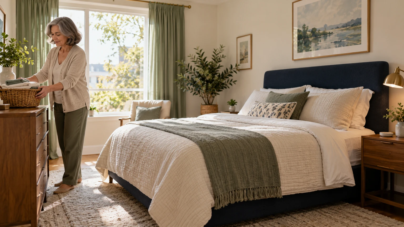 Original AI reference of a fictional older woman arranging folded linens beside a generic navy and cream bed