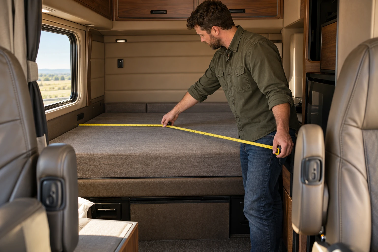 AI-generated fictional man measuring a generic sleeping berth in a parked semi-truck cabin