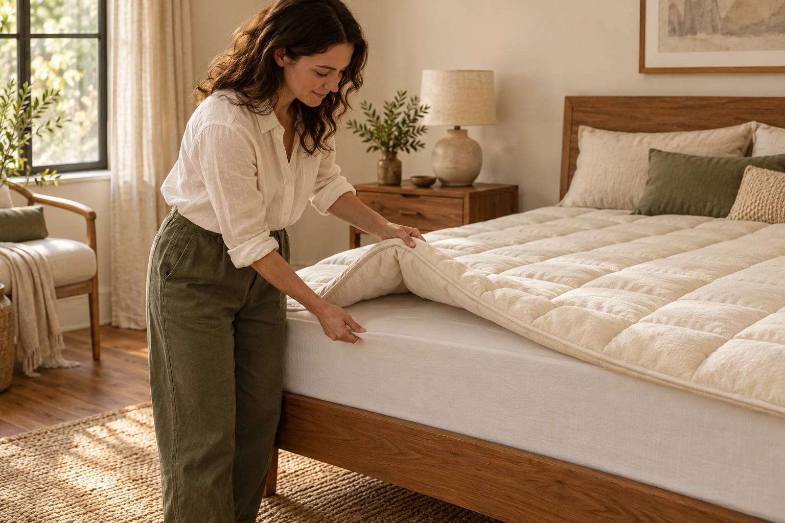 AI-generated fictional woman lifting a generic cream quilted topper to air it in a warm bedroom